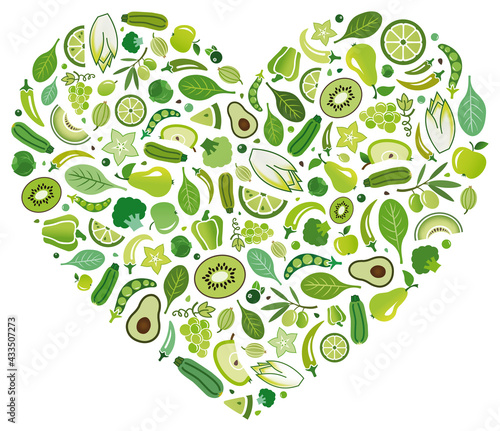 Love food. Green fruit and vegetables heart – vector illustration. Flat lay of ingredients icons isolated on white. Healthy eating, balanced diet or dieting, vegetarian / vegan, detox, nutrition.