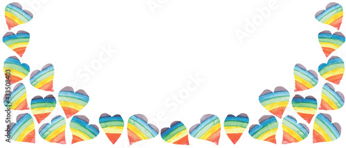 Watercolor hand painted graphic frame with red, orange, yellow, green, blue and purple color rainbow hearts composition on the white background for card design with space for text