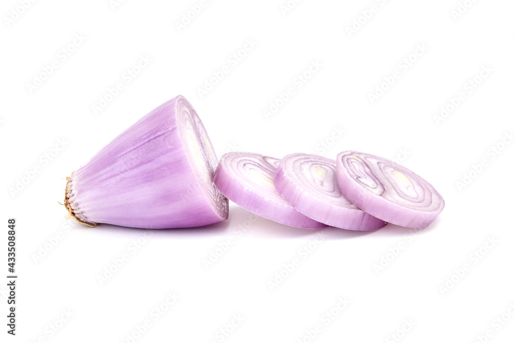 Shallot onion half and slices isolated on white background. Shallot onion half and slices isolated on white background.