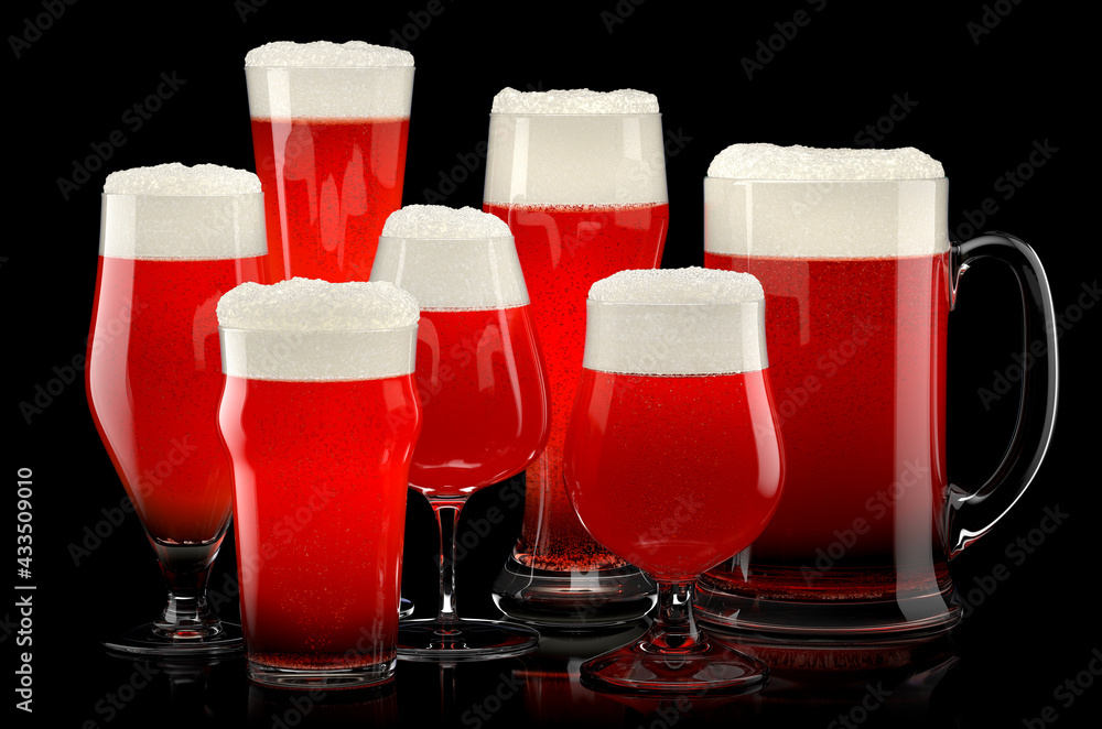 Set of fresh stout beer glasses with bubble froth isolated on black background. - obrazy, fototapety, plakaty 