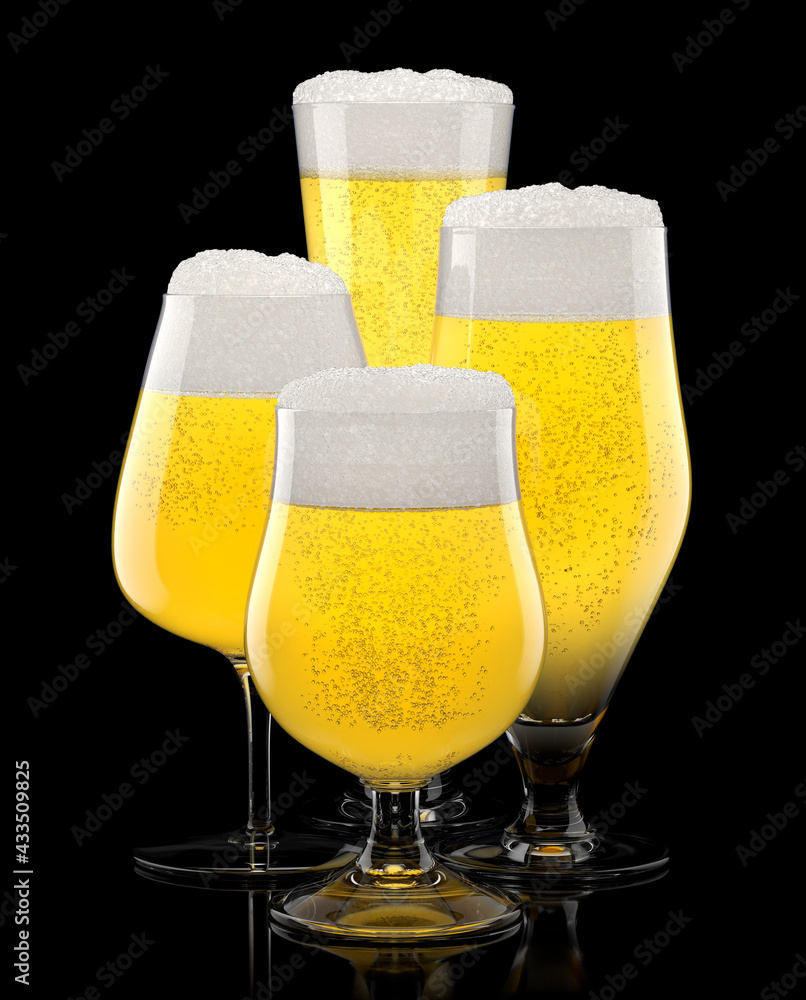 Set of fresh stout beer glasses with bubble froth isolated on black background. - obrazy, fototapety, plakaty 