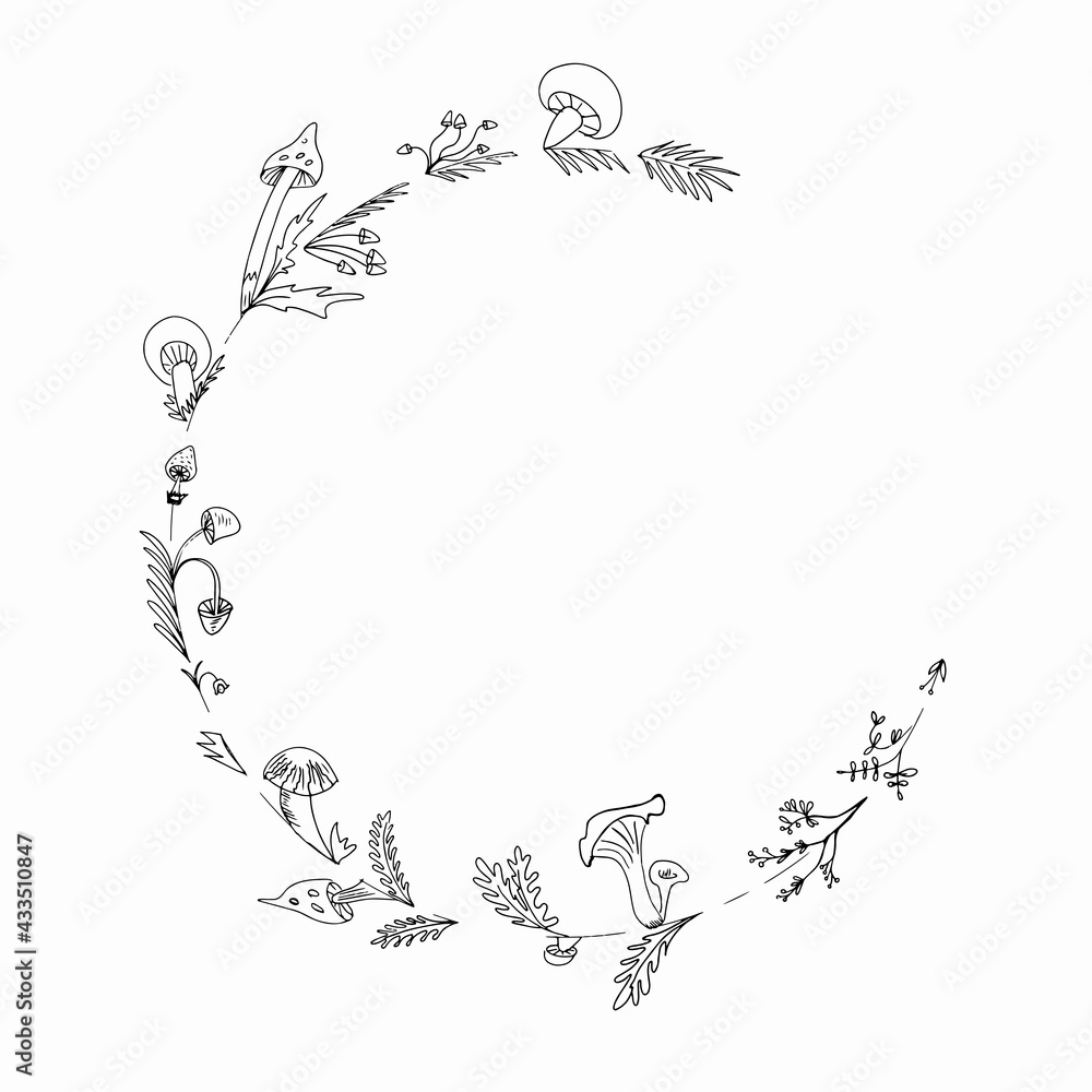 A wreath of different mushrooms. Vector illustration hand-drawing. Forest design. Autumn frame for decor. floral frame for your design