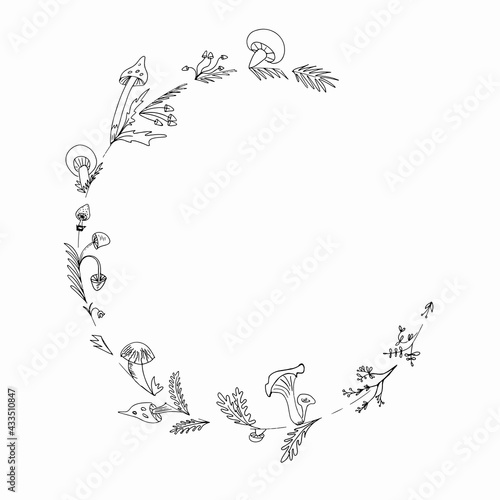A wreath of different mushrooms. Vector illustration hand-drawing. Forest design. Autumn frame for decor. floral frame for your design