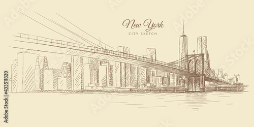 Dekoracja na wymiar  sketch-of-a-bridge-over-the-river-and-outlines-of-a-city-with-skyscrapers-new-york-hand-drawn