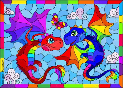 Stained glass illustration with bright cartoon dragons against a cloudy blue sky  in a bright frame