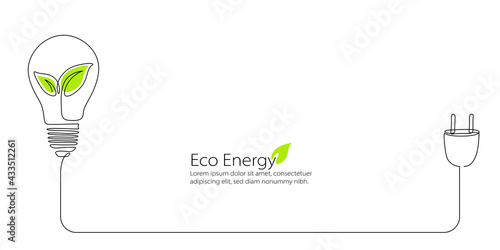 Plant inside Lightbulb with power plug in one line drawing. Creative concept of Eco energy and environmental friendly sources. Horizontal Vector web banner