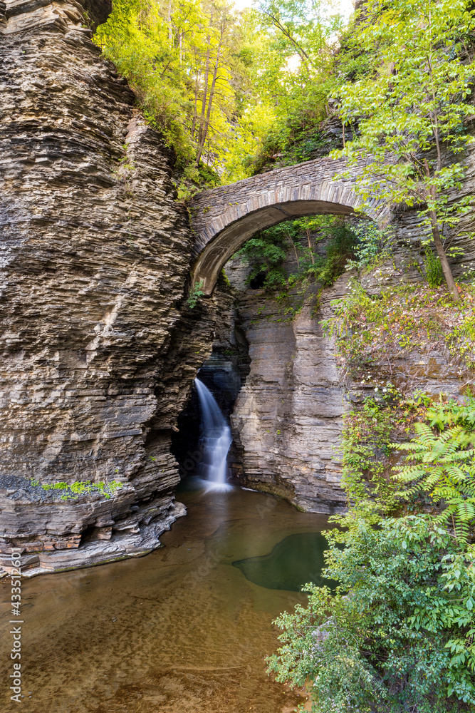 Sentry Bridge Entry Way to Watkins Glen State Park with Falls Below the