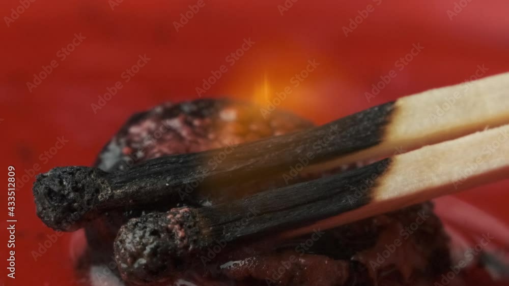 Two burning matches burn out on molten tablet of calcium sodium