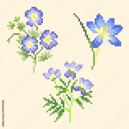 vector art embroidery blue flowers