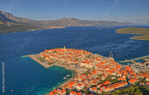 Aerial shot of the Old medieval town as Korcula center