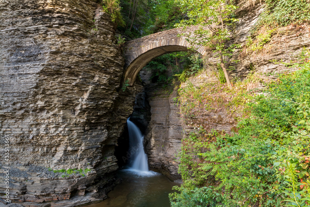 Sentry Bridge Entry Way to Watkins Glen State Park with Falls Below the