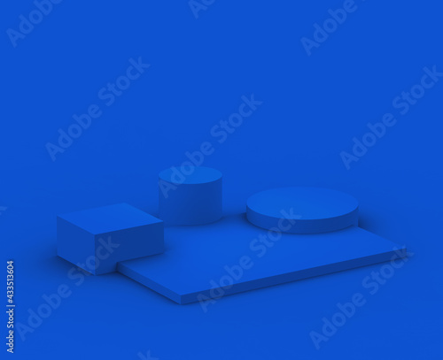 3d blue podium modern minimal design in studio background. Abstract 3d geometric shape object illustration render. Display for valentine product.