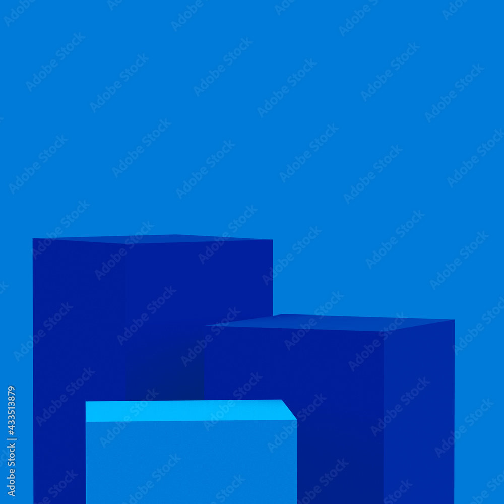 Abstract 3d blue color cubes square podium minimal studio background.