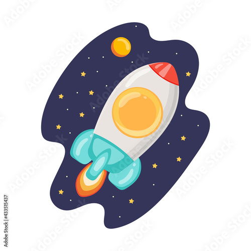 Illustration of a rocket in outer space in cartoon style.