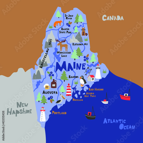 Maine infographic flat hand drawn vector illustration. American state map isolated on blue background. Maine travel routes, landmarks with city names lettering cartoon cliparts photo