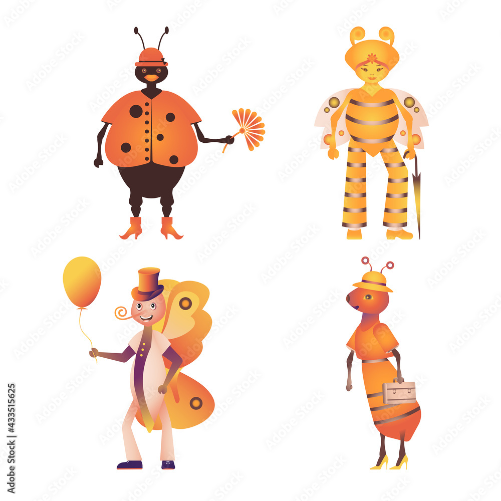 Fototapeta premium Set of human-like insect characters in the form of bee, ant, gentleman butterfly and ladybug.Vector illustration for banner, sticker, postcard, honey advertisement. Flat design.