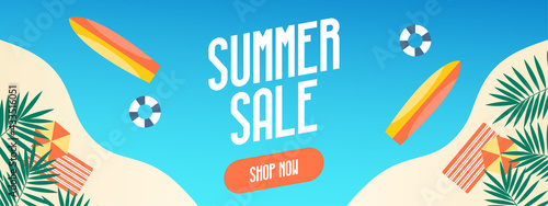Flat summer vacation, a beach holiday poster with a set of daylight saving time icons. Surfboard on the beach. Party invitation, background, advertising, sales background. Layout template. Vector