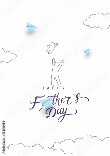Father's day postcard with blue paper flying airplanes, playing dad and child on white sky background. Vector doodle happy family pattern for greeting card design