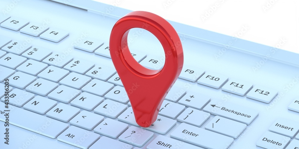 Fototapeta premium Online maps, gps navigation concept. Map pointer location on a laptop. 3d illustration