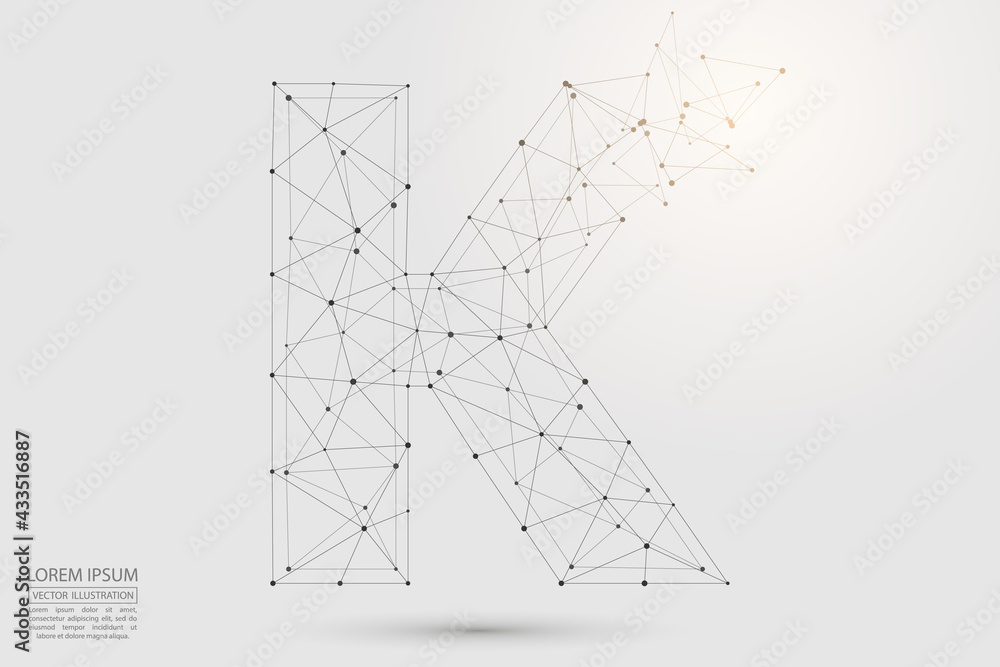 The destruction  volumetric 3D letters dark gray on a white background. Consist of triangles, circles, lines, points and spider webs. Vector illustration eps 10.