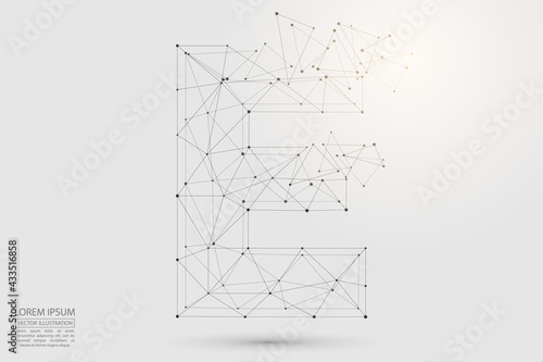 The destruction volumetric 3D letters dark gray on a white background. Consist of triangles, circles, lines, points and spider webs. Vector illustration eps 10.