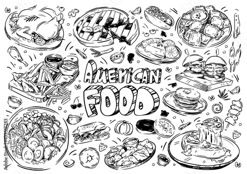 Hand drawn vector illustration. Doodle American food: hot-dog, burger, french fries, tomato, turkey, dumplings, cobb, donuts, pie