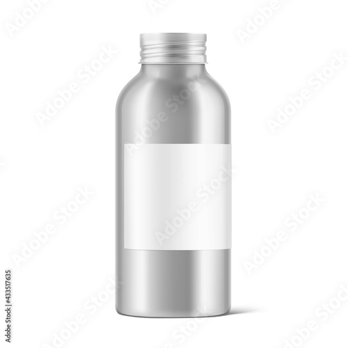 Hight realistic aluminum bottle mockup with label isolated on white background. Can be used for cosmetic, medical. Vector illustration. EPS10.	