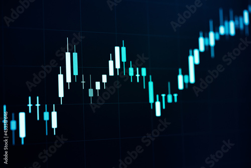 Financial data in term of a digital prices on LED display. A number of daily market price and quotation of prices chart to represent candle stick tracking in Forex trading.