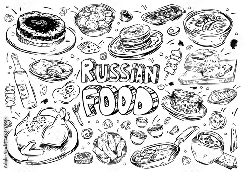 Hand drawn vector illustration. Doodle Russian food: borscht, soup, dumplings, solyanka, olivier salad, red and black сaviar, shashlik, meat, chicken, vodka, cucumbers, pancakes