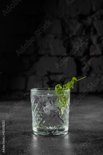 Glass with drink, ice on gray background. Alcohol cocktail decorated microgreen.