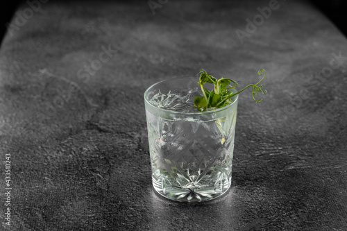 Glass with drink, ice on gray background. Cocktail decorated microgreen alcohol beverage.