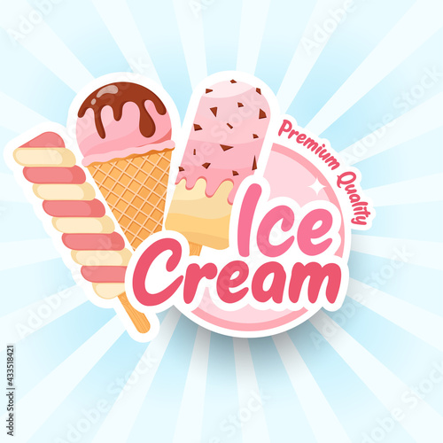 Tasty colorful ice cream label.  Summer poster, flyer or banner. Cartoon style vector illustration. Blue sunburst background. Strawberry, chocolate, vanilla ice cream, ice lolly twist.

