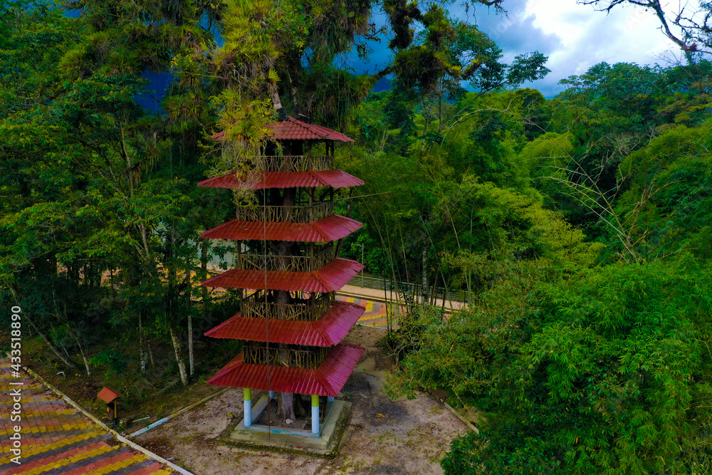 Aerial view of a treehouse with a red roof and a fence made with curling sticks