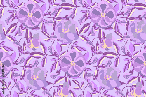 Floral vector seamless pattern. Purple flowers  buds  leaves isolated on a purple background. For textiles  fabric  wallpaper design  accessories  digital paper  cards  banners.