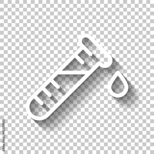 Test tube with blood, medical logo, simple icon. White linear icon with editable stroke and shadow on transparent background