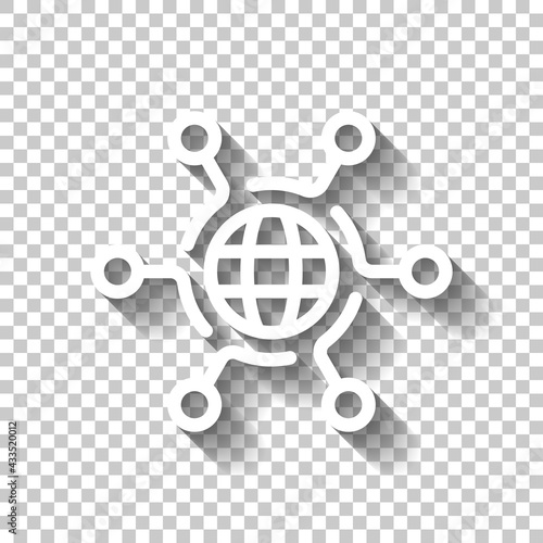 Digital technology, social network, global connect, simple business logo. White linear icon with editable stroke and shadow on transparent background