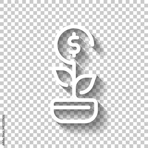 Financial growth, growing money tree, increase income. White linear icon with editable stroke and shadow on transparent background