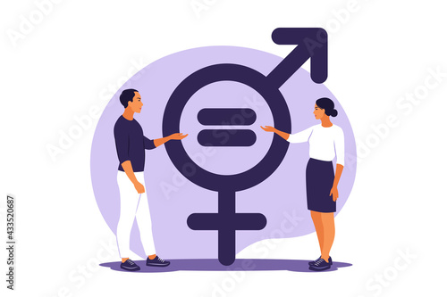 Gender equality concept. Men and women character on the scales for gender equality. Vector illustration. Flat.