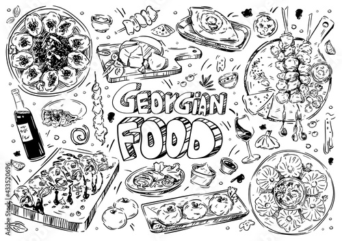 Hand drawn vector illustration. Doodle Georgian food: khachapuri adjaruli, churchkhela, khinkali, mtsvadi, pkhali, saperavi, wine, garnet, walnut paste, sulguni, kubdari