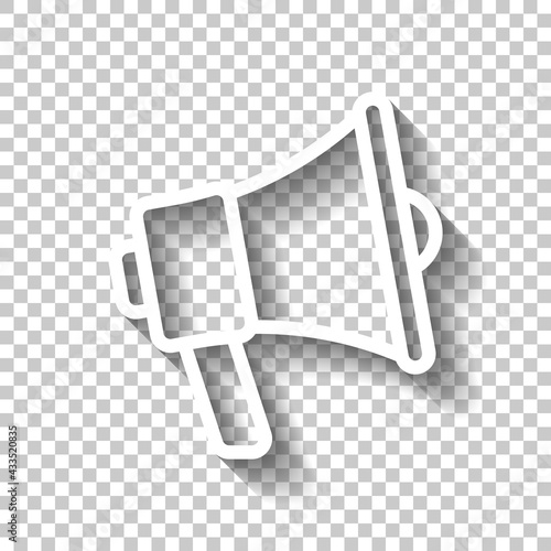 Simple megaphone icon, promotion, loud voice. White linear icon with editable stroke and shadow on transparent background