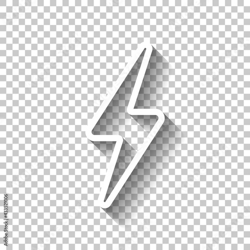 Lightning bolt, electric power, simple icon. White linear icon with editable stroke and shadow on transparent background