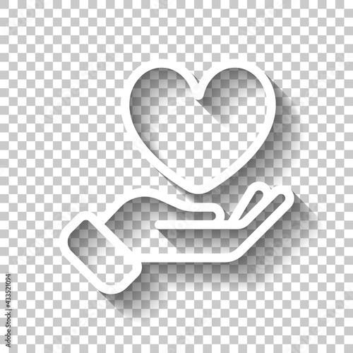 Hand and heart, help and care, simple icon. White linear icon with editable stroke and shadow on transparent background