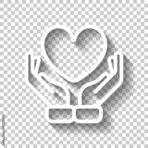 Hand and heart, help and care, simple icon. White linear icon with editable stroke and shadow on transparent background
