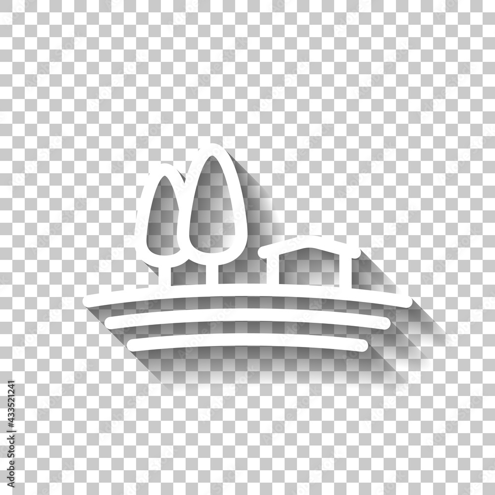 Farm house and field, organic product, simple icon. White linear icon ...