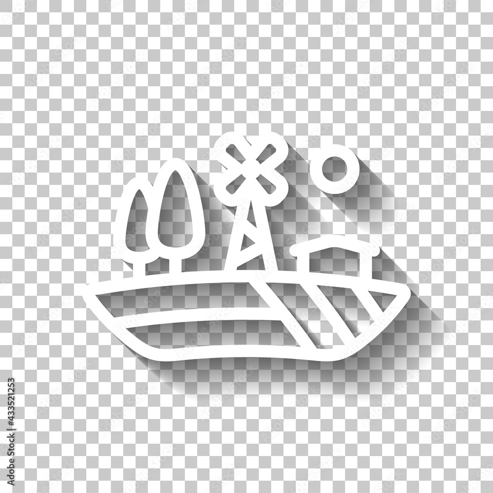 Farm house and field, organic product, simple icon. White linear icon ...