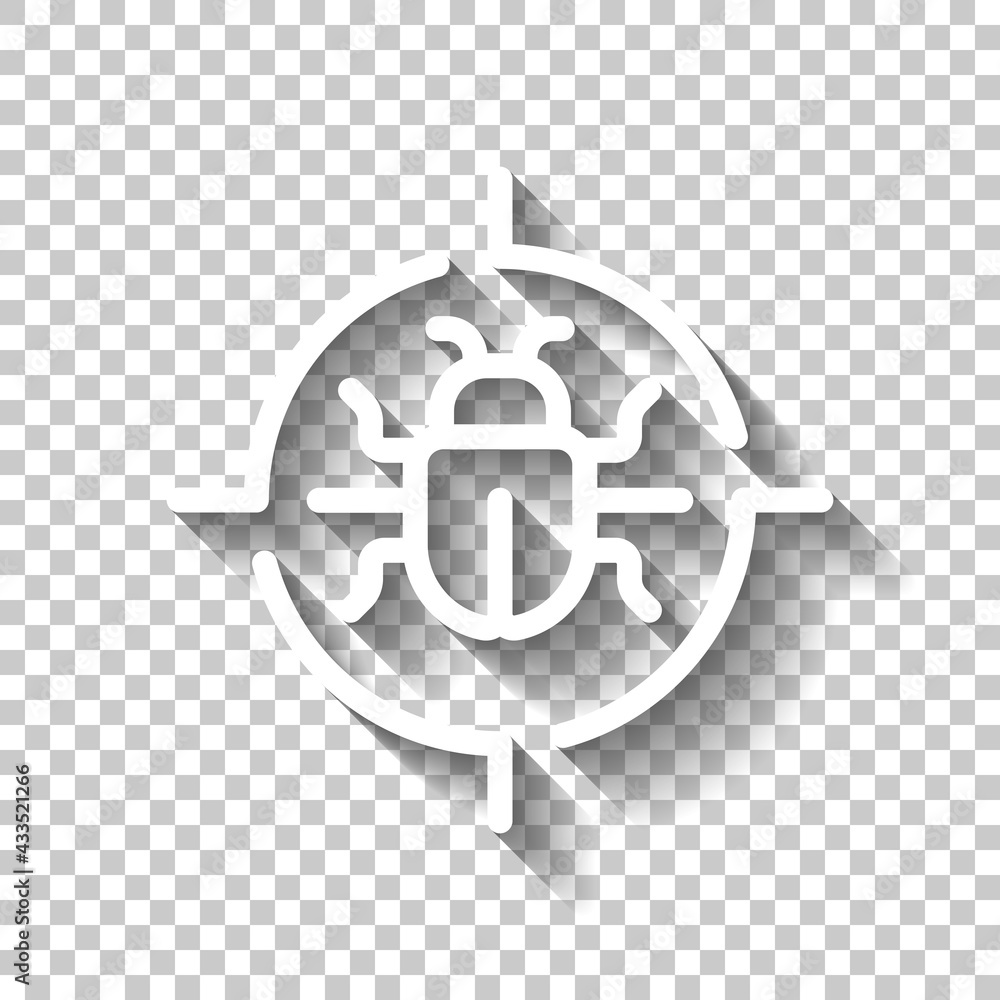Simple bug icon, computer virus or malware. White linear icon with editable stroke and shadow on transparent background Simple bug icon, computer virus or malware. White linear icon with editable stroke and shadow on transparent background