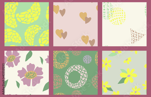 Set of simple minimalistic summer seamless patterns. Airy light ornaments with flowers, hearts, abstract geometric shapes for prints, wallpapers, textiles. Vector graphics.