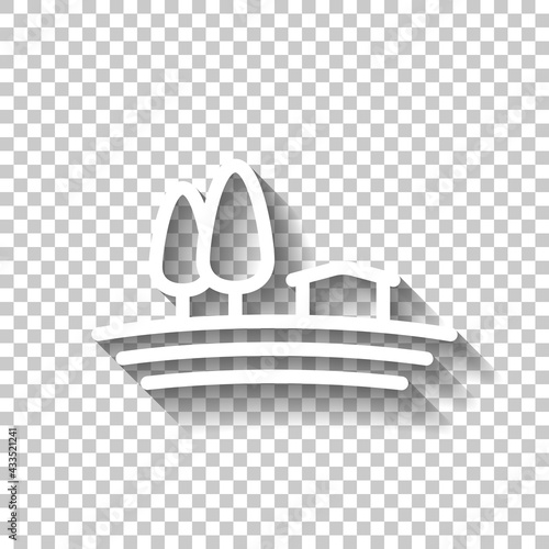 Farm house and field, organic product, simple icon. White linear icon with editable stroke and shadow on transparent background