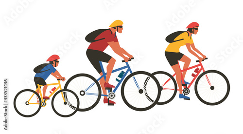 Family Biking Sport Activity flat color vector. Mom, dad, son ride bicycles cartoon design element isolated. Family together active sport lifestyle concept. Father, mother, kid bicycling illustration
