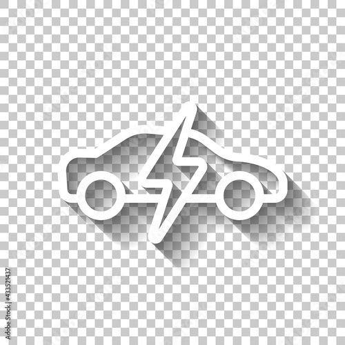 Modern electric car, green energy, simple icon. White linear icon with editable stroke and shadow on transparent background